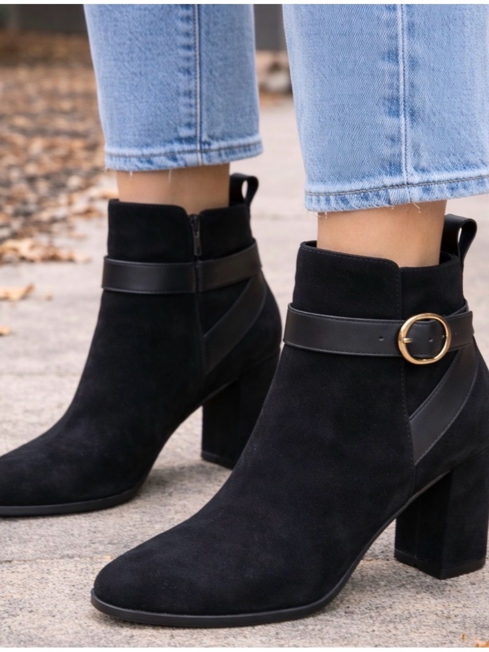 EUC Vionic Tenely Black Suede Ankle Boots with Strap Detail - Women